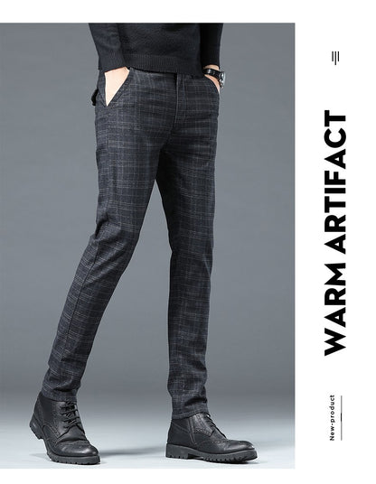Autumn Winter New Fleece Thickened Casual Pants Men Business Straight Slim Plaid Pants Black Gray Men's Warm Trousers