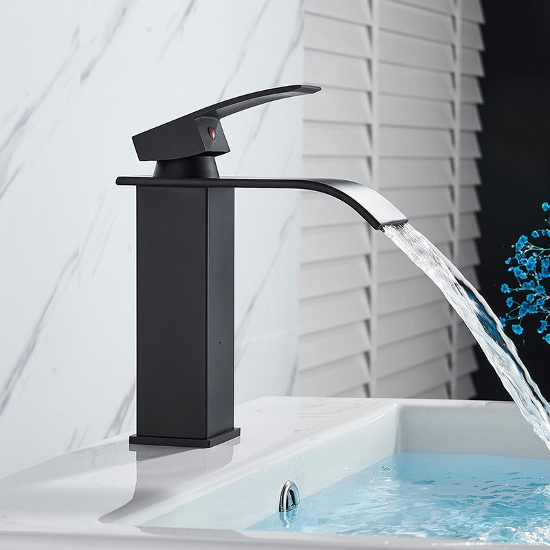 Matte Black Basin Faucet Deck Mounted Single Lever Bathroom Crane Waterfall Brass Bathroom Tap Hot Cold Water Mixer Taps