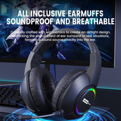 Fone de ouvido gamer com fio Lenovo E08 com microfone, luz RGB para computador e laptop, efeitos de som surround virtual 7.1, headset para E-sports