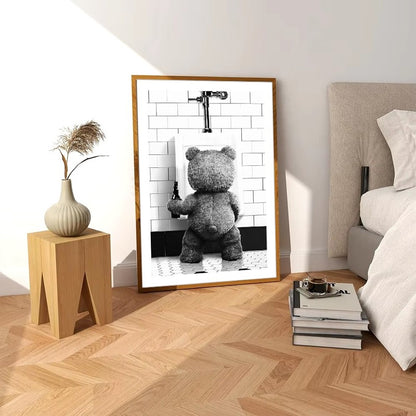 Black White Cute Bear Bathroom Decoration Poster Canvas Print Painting Wall Picture Art Modern Fashion Room Home Toilet Decor