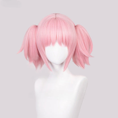 Peruca Sintética Cosplay Anime Madoka Kaname, Rosa Curta, Presilhas de Rabo de Cavalo, Resistente ao Calor, Festa, Perucas de Cosplay de Anime