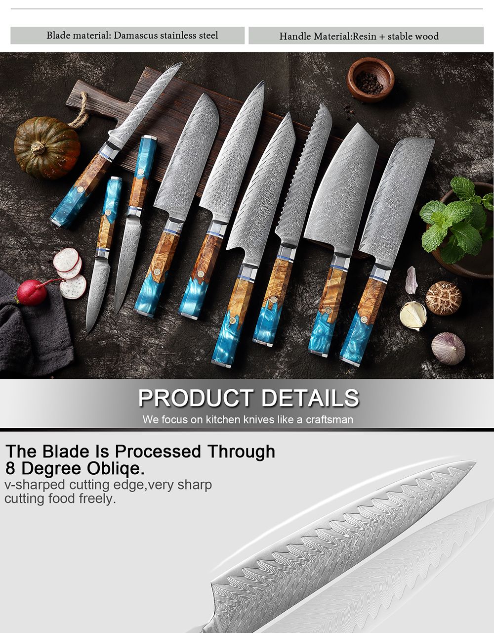 XITUO Damascus Steel Knife Set 1-9PCS Japanese Chef Knife, Santoku, Bread, Utility & Boning Knives-Ultra Sharp, Octagonal Handle