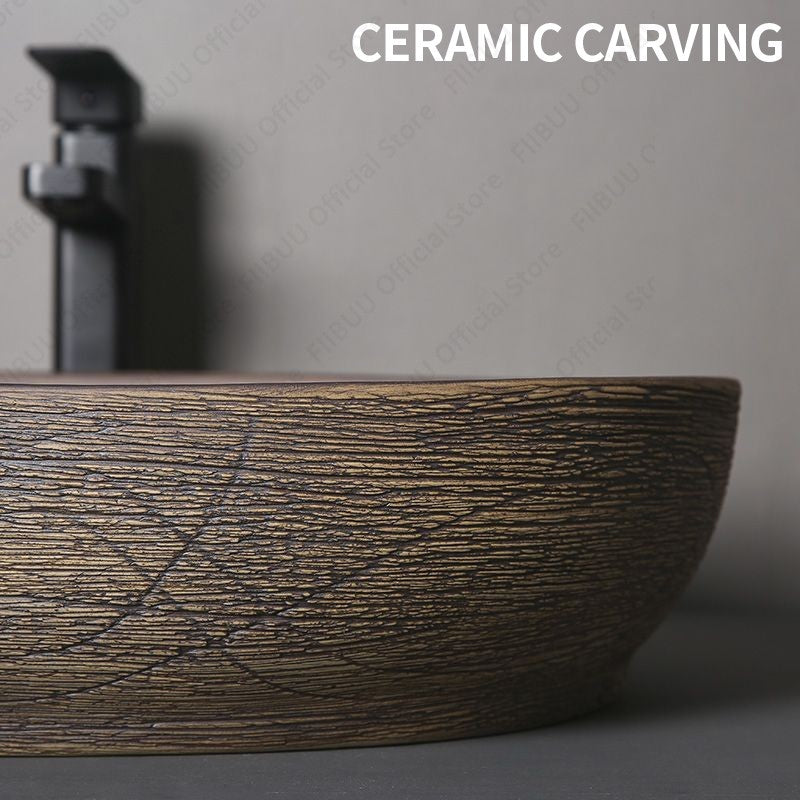 Cuba de Cerâmica Marrom para Lavatório de Banheiro Oval Artística para Mesa de Banheiro, Bacia de Lavar Roupa para Varanda, Bacia de Pedestal Acima do Balcão