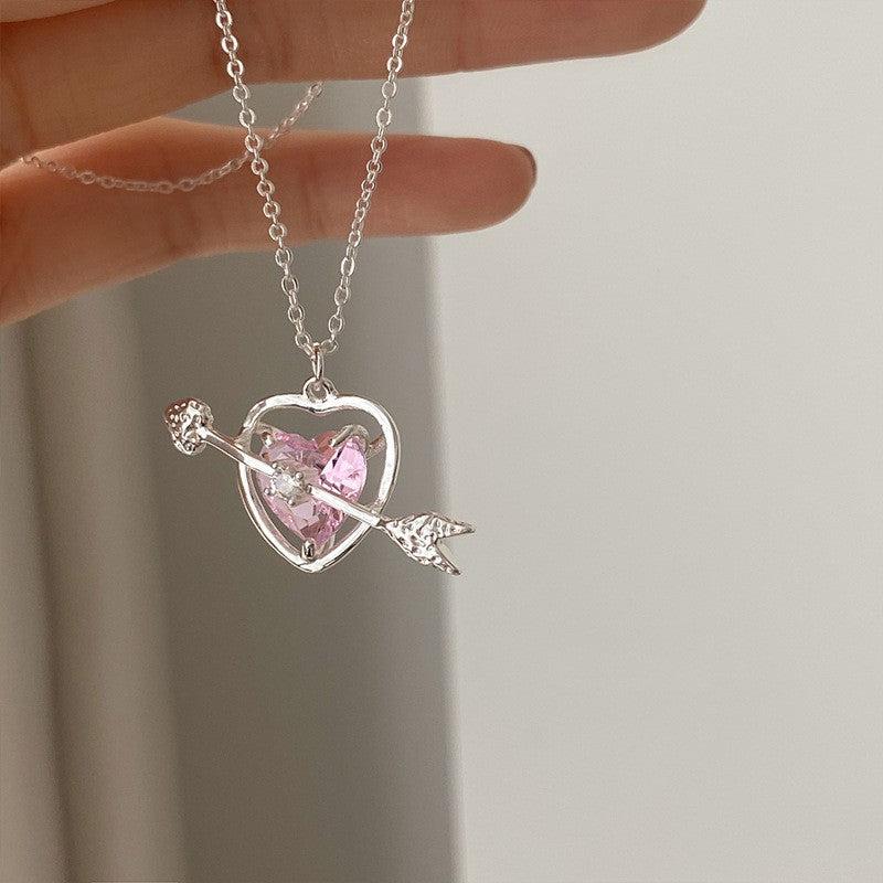 Colar coreano com pingente de laço de coração de cristal rosa, corrente prateada, para mulheres, joias estéticas para casamento