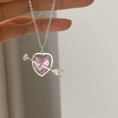 Colar coreano com pingente de laço de coração de cristal rosa, corrente prateada, para mulheres, joias estéticas para casamento