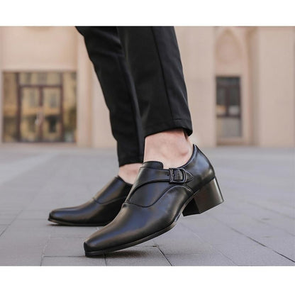 Genuine Leather Men Height Increasing Dress Shoes 6cm Fashion Business Brand Male Footwear Pure Black Monks