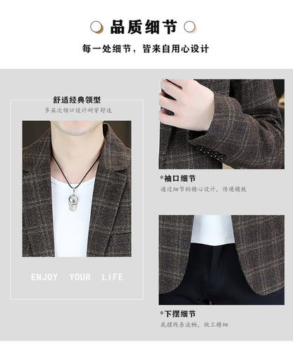 Blazer's New Men's Fashion Outdoor Travel Camping Youth Wedding Hosting Campus Slimming Casual Checkered Korean Version Blazer