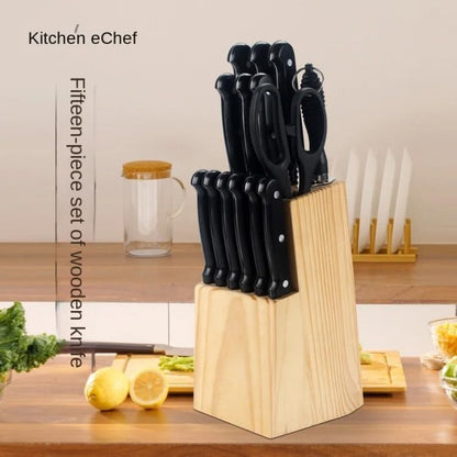 Conjunto de Facas de Cozinha 15 Peças com Bloco de Madeira, Conjunto de Facas de Bife de Aço Inoxidável e Tesoura, Conjunto de Facas Profissional