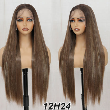Perucas Frontais de Renda Reta de 30 polegadas 13X4 Castanho Claro P12/24 Ombre Coloridas Pré-selecionadas Macias Naturais de Alta Temperatura para Cosplay