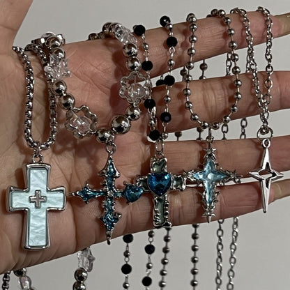 Trendy Punk Blue Cross Pendant Sliver Color Chain Necklace For Women Men Fashion Gothic Y2K Charms Hip Hop Jewelry Accessories