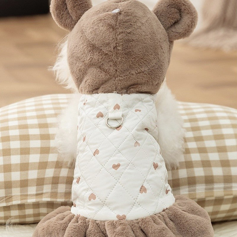 Casaco de Inverno Quente para Cães Vestido Fofo Roupas Macias para Cães Moda Algodão Casaco de Cachorro com Estampa de Coração Casaco para Gatos Bichon Fantasia para Pets