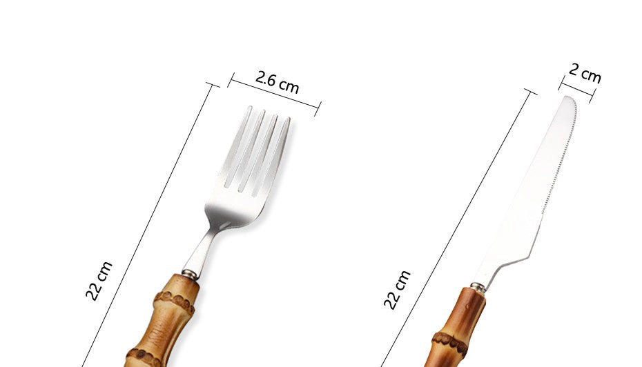 Conjunto de Talheres com Cabo de Bambu Natural, Talheres de Aço Inoxidável, Talheres de Cozinha, Inclui Garfos Colheres Facas Talheres