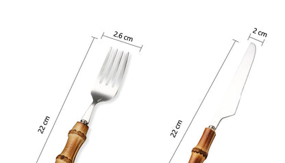 Conjunto de Talheres com Cabo de Bambu Natural, Talheres de Aço Inoxidável, Talheres de Cozinha, Inclui Garfos Colheres Facas Talheres