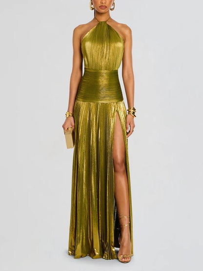 Gold Halter Neck Evening Dress Woman Chic Solid Color Pleated Backless Package Hip Slit Dress Fashion Trendy Lady Party Vestidos