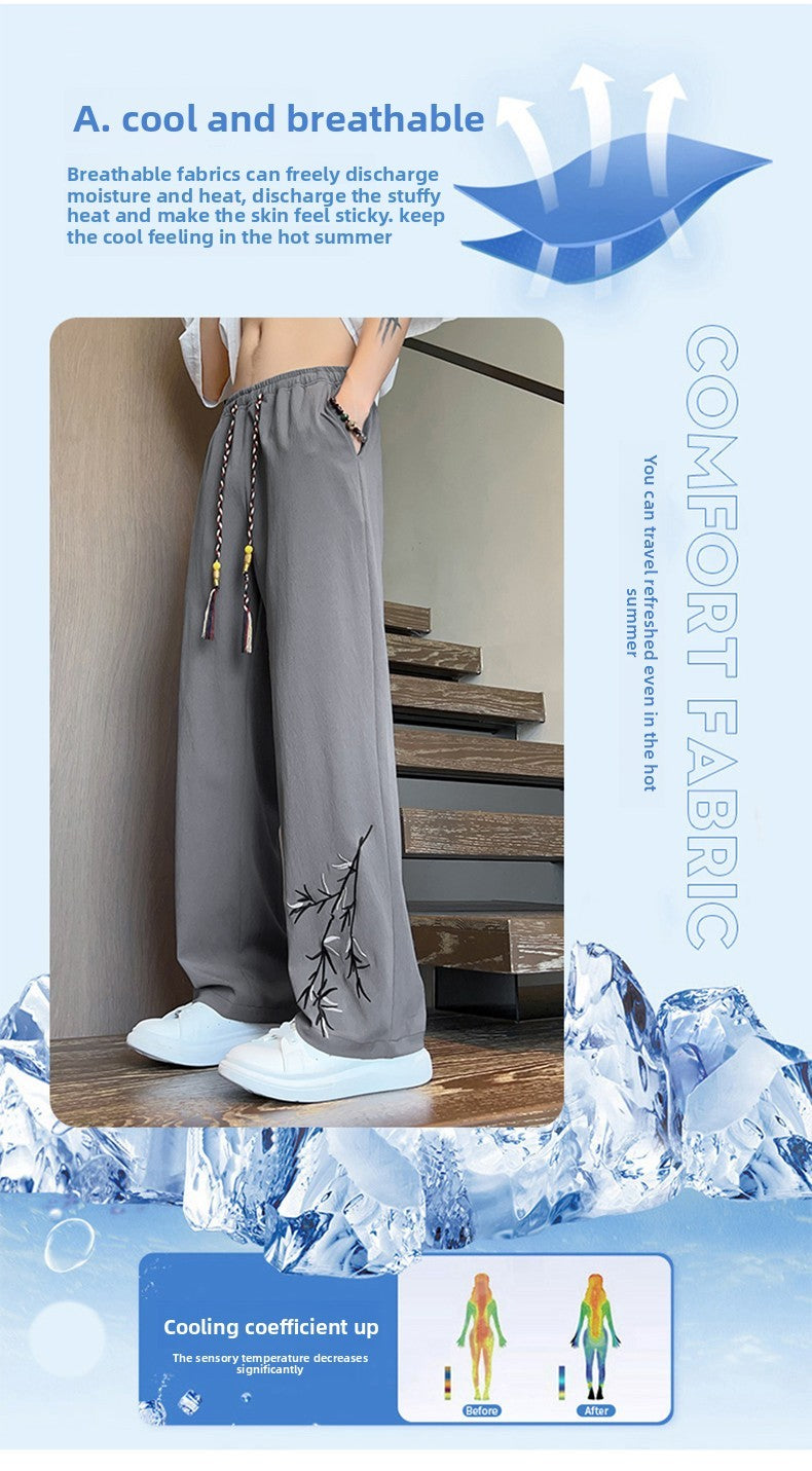 Novas Calças de Seda Gelo Chinesas Masculinas Verão Fina Solta Perna Larga Marca de Moda Seda Gelo Estilo Chinês Calças Casuais Bordadas Frescas