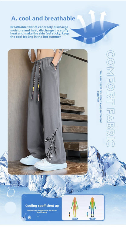 Novas Calças de Seda Gelo Chinesas Masculinas Verão Fina Solta Perna Larga Marca de Moda Seda Gelo Estilo Chinês Calças Casuais Bordadas Frescas