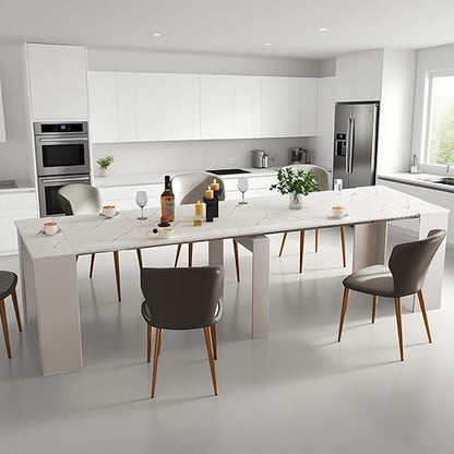 Modern 20 to 118.5 Inch Expandable Dining Table, White Marble Top, Seats 2 to 12 People