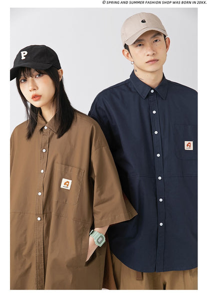 Japan Style Cargo Shirts Men Summer  Pure Cotton Loose Casual Pocket Shirts Men Women Plus Size Short Sleeve Shirt