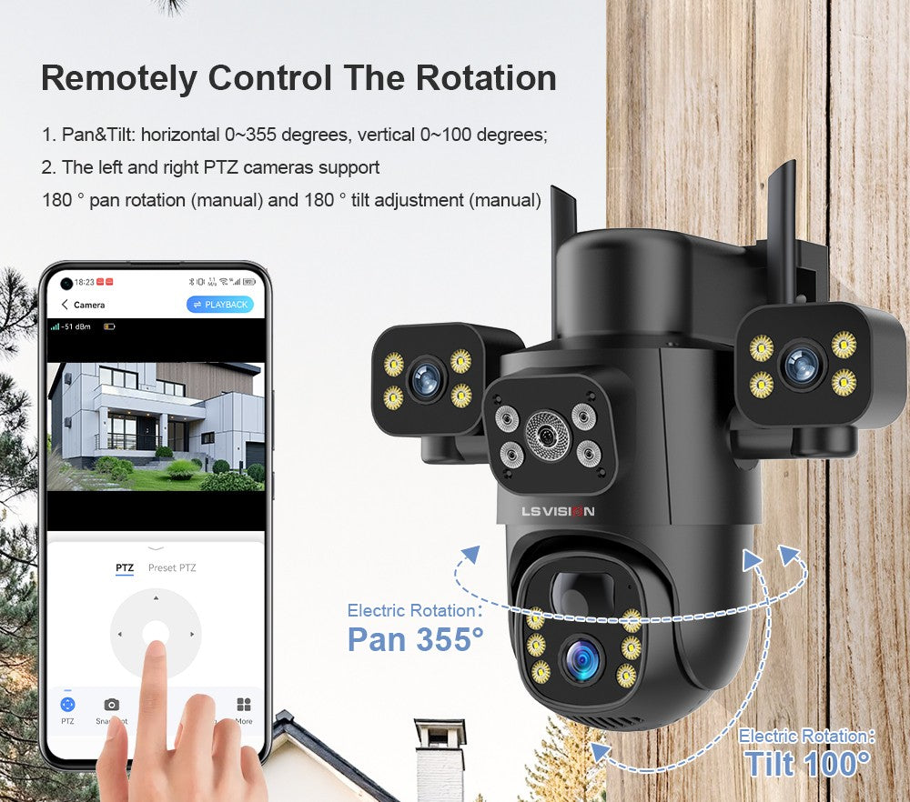 LS VISION 4G / WiFi Solar Camera 3Lenses Outdoor 15MP 4K Low Power Battery IP Camera PIR Night Vision V380 Pro CCTV Security