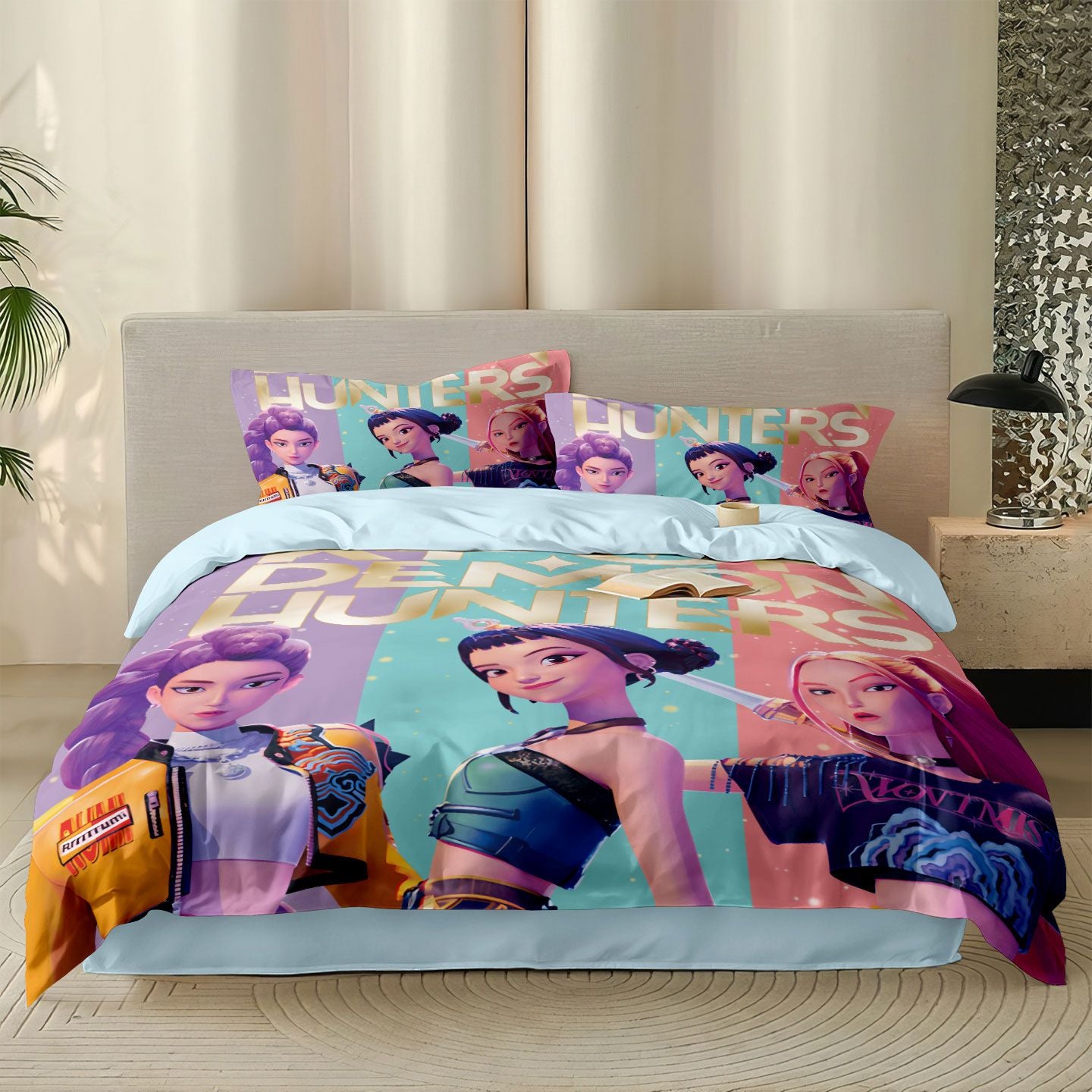 Conjunto de Cama Rumi K-Pop Caçadores de Demônios Temático 2 Lados Estampa Colorida Poliéster Lençol de Dormitório Estudantil Capa de Edredom Presente Infantil