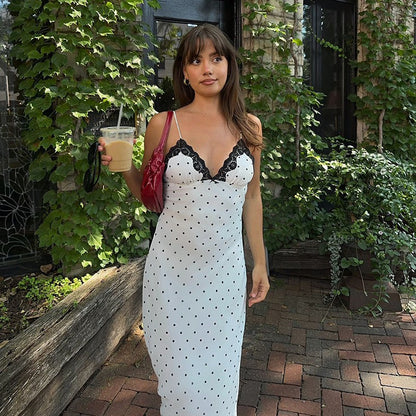 Tossy Lace V-Neck Patchwork Maxi Dress Women Backless High Waist Slim Spaghetti