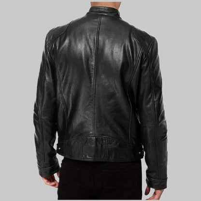 Fashionable Men's Stand Collar Slimming Leather Jacket Zipper Pocket Decorative Pu Leather Motorcycle Coat