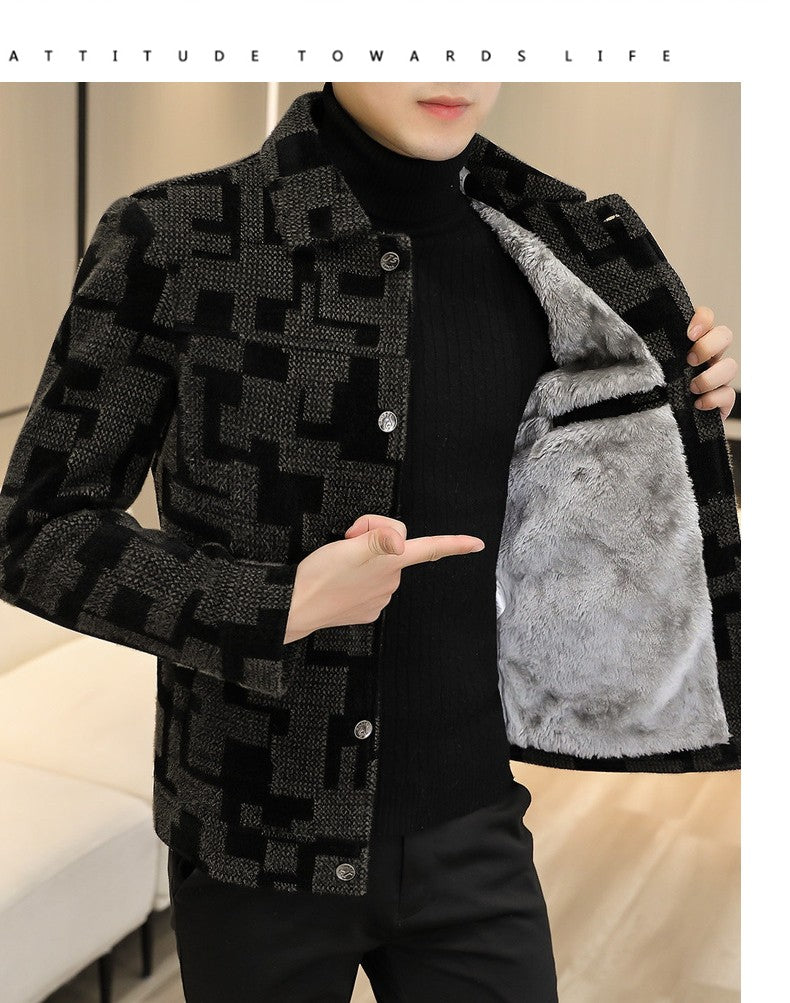 Winter Thicken Warm Wool Blends Jacket Men Fashion Plaid Casual Coat Slim Lapel Streetwear Overcoat Social Men Clothing 2022