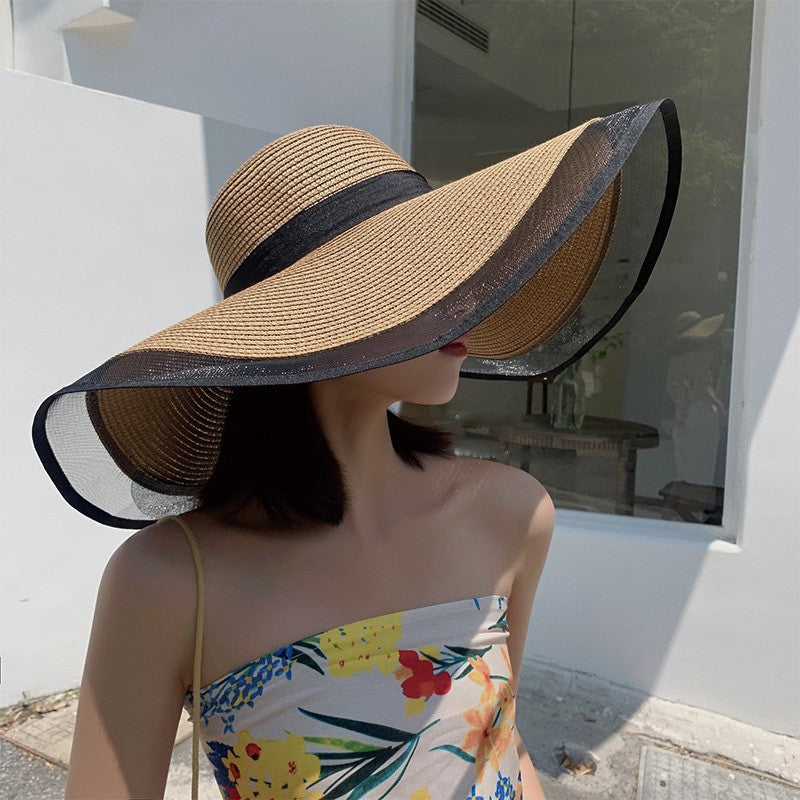 Chapéu de Sol Feminino, Aba Grande, Ondas, Boné de Praia, Chapéu Feminino, Viseiras de Sol de Aba Grande, Boné Panamá com Proteção UV, Chapéu Dobrável de Palha, Protetor Solar Vintage