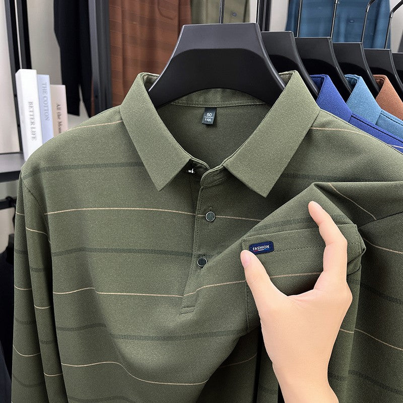 2025 long sleeved men's spring and autumn collar striped pullover top with loose pockets polo shirt