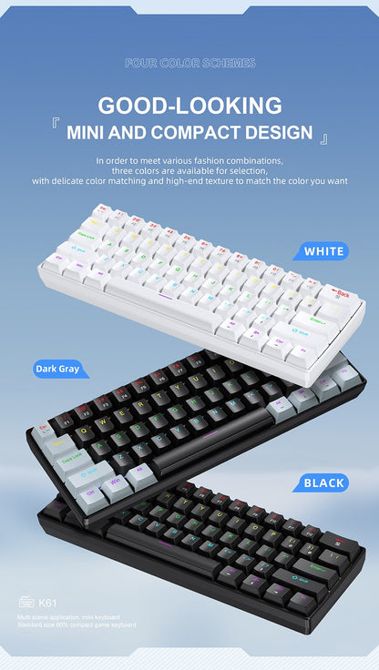 Mini Teclado Mecânico APAYADO K61, Com Fio, 61 Teclas, RGB Fantasma, Switch Mecânico Preto/Branco Vermelho/Azul para Jogos, 60% Portátil