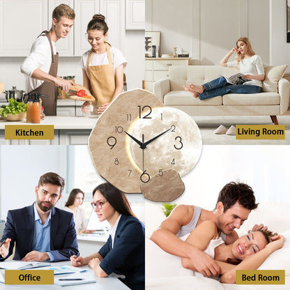 Modern Simple Silent Wall Clock, Moon Design - Quartz Movement, Wooden Material, for Bedroom, Living Room or Office Decoration