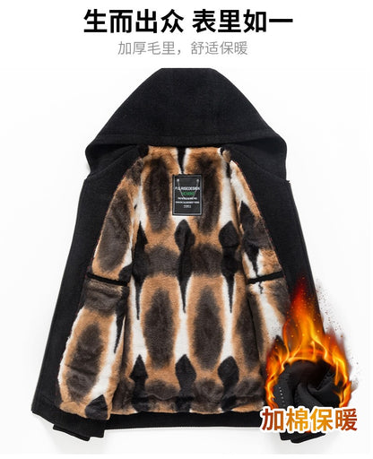 Winter Patchwork Woolen Jacket Men Hooded Short Trench Coat Thickened Warm Casual Business Social Overcoat