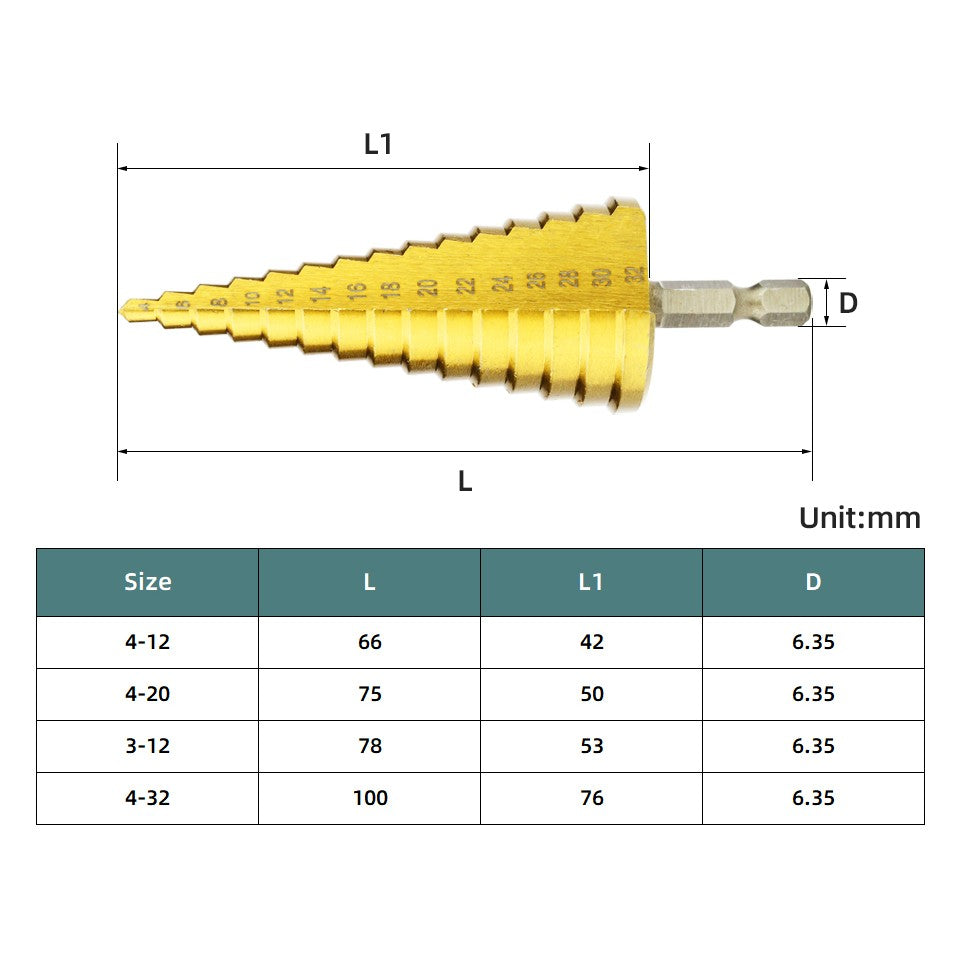 Broca escalonada de titânio HSS, conjunto de brocas escalonadas de alta velocidade, ferramentas de broca tipo serra, broca cônica para metal e madeira 4-12 4-20 4-32mm