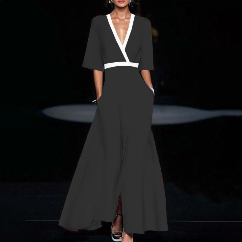 Women Fashion 2024 Spring V Neck Belted Party Long Dress Sexy Printing A-Line Bo