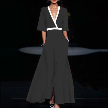Women Fashion 2024 Spring V Neck Belted Party Long Dress Sexy Printing A-Line Bo