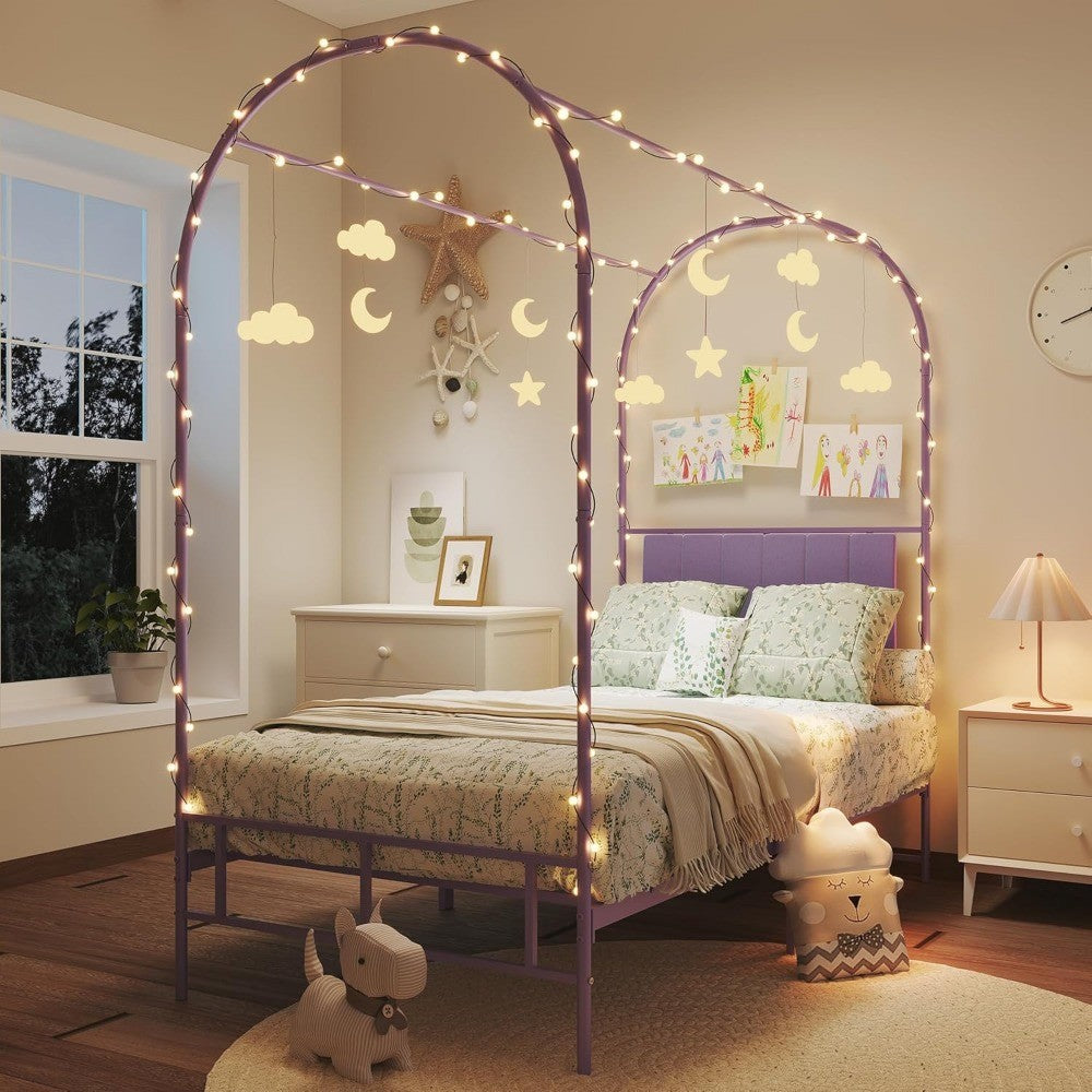 GAOMON Cama Infantil com Dossel, com Cabeceira e Peseira, Estruturas de Cama de Solteiro Estofadas com Hastes Arqueadas para Mosquiteiro, Metal Resistente