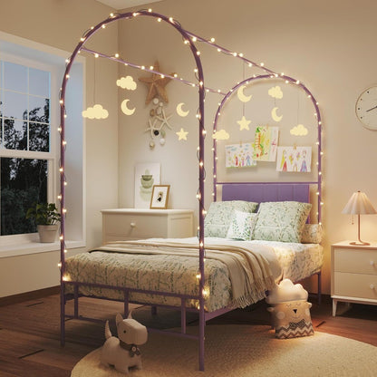 GAOMON Cama Infantil com Dossel, com Cabeceira e Peseira, Estruturas de Cama de Solteiro Estofadas com Hastes Arqueadas para Mosquiteiro, Metal Resistente