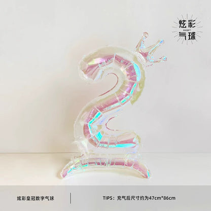 32Inch Transparent Colorful Crown Digital Aluminum Film Balloon with Base Happy Birthday Party Decor Kids Adults Baby Showers