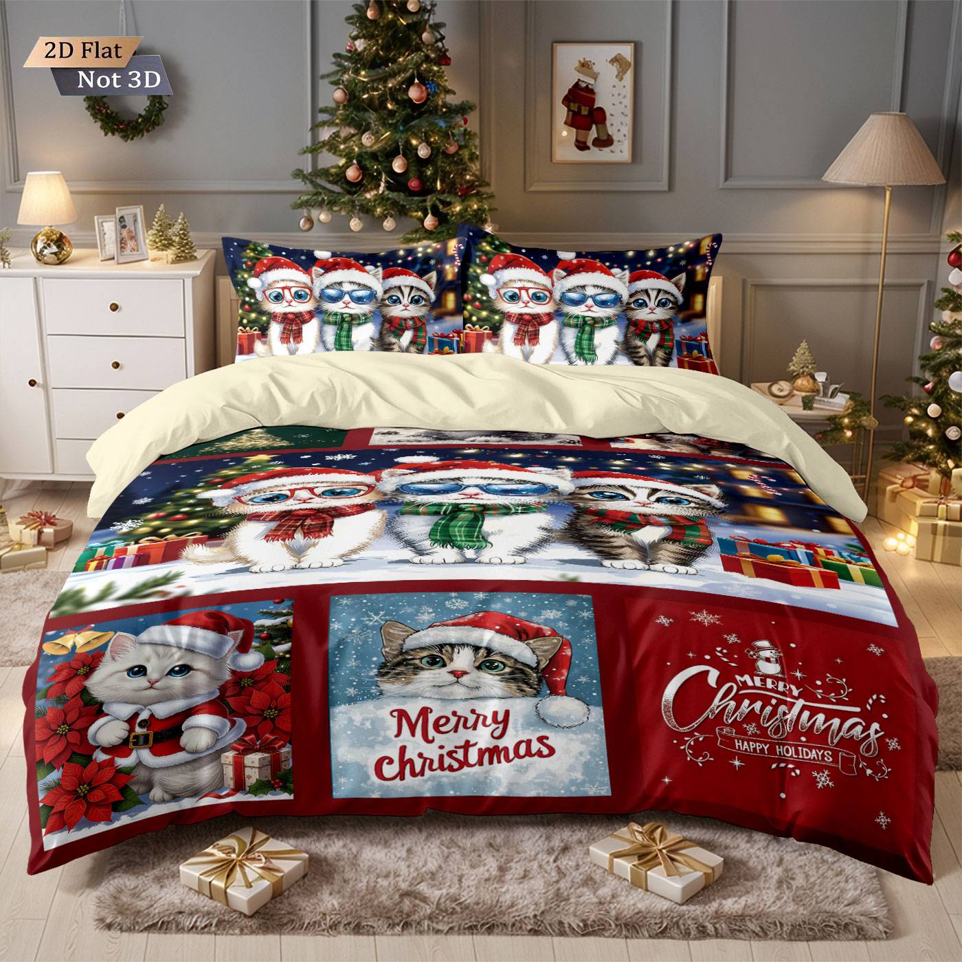 3pcs Merry Christmas Cat Printed Chipless Bedding Set Soft Dormitory Bedroom Multiple Sizes Machine Washable