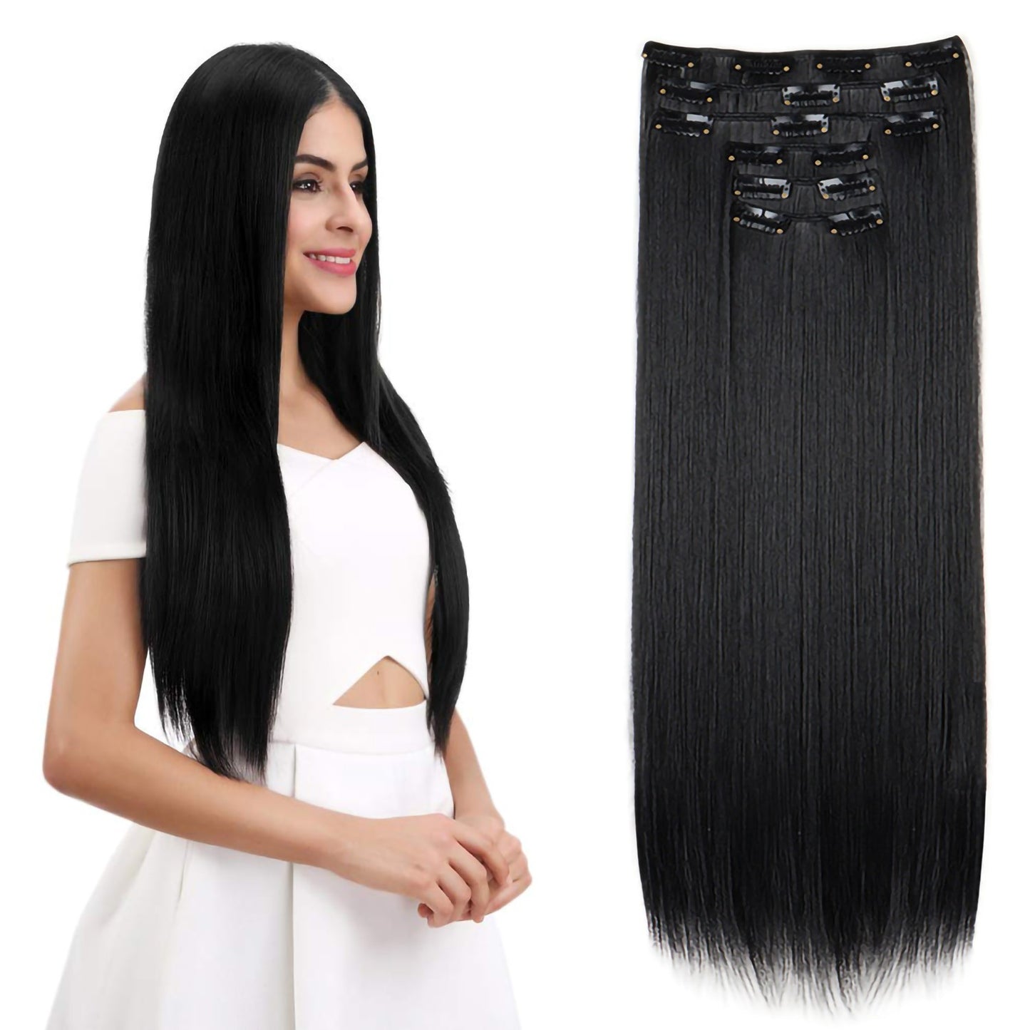 Apliques de Cabelo Natural de 24 Polegadas Cabelo Sintético para Mulheres Kit de Fios de Cabelo 16 Tic-Tacs em 6 Peças Apliques Mechas de Cabelo