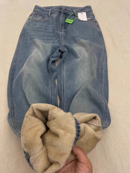 Winter Thick Women's Fleece Straight Jeans Casual Comfortable Soft Velvet Slim Pants Vintage Wide Plush Denim Trousers