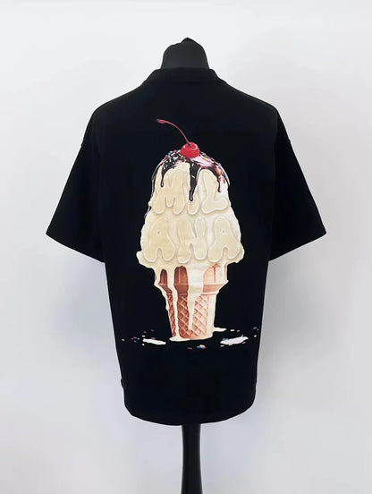 2025 summer new Harajuku street style ice cream print short sleeve cotton T-shirt men Y2k top Gothic style loose couple shirt
