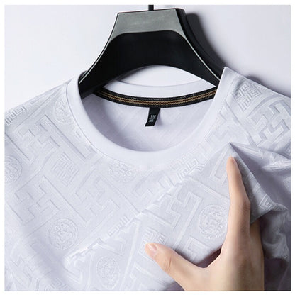 2024 Summer Ice Silk Men's Jacquard Short Sleeve T-shirt High end Brand Fashion Jacquard Cool Breathable Casual Round Neck Top