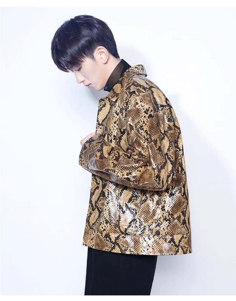 Mauroicardi Spring Autumn Loose Cool Shiny Colorful Snakeskin Print Pu Leather Jacket Men Luxury Designer Clothes Streeetwear