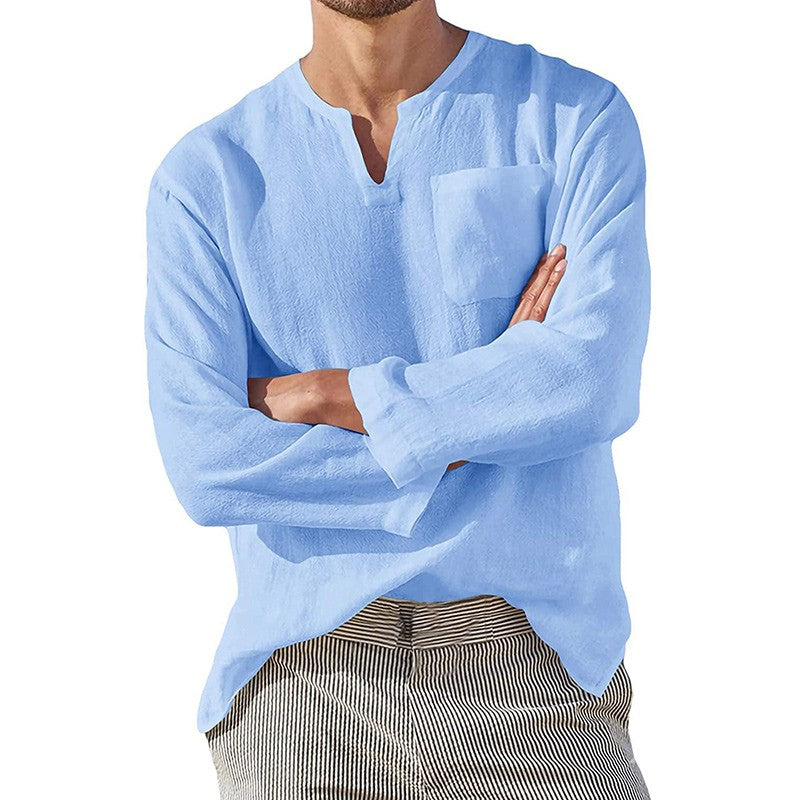 Men Cotton Linen Shirts Long Sleeve Social Shirt Blouses Stand-Up Collar Casual Beach Shirt Business Formal Shirt Male Clothing