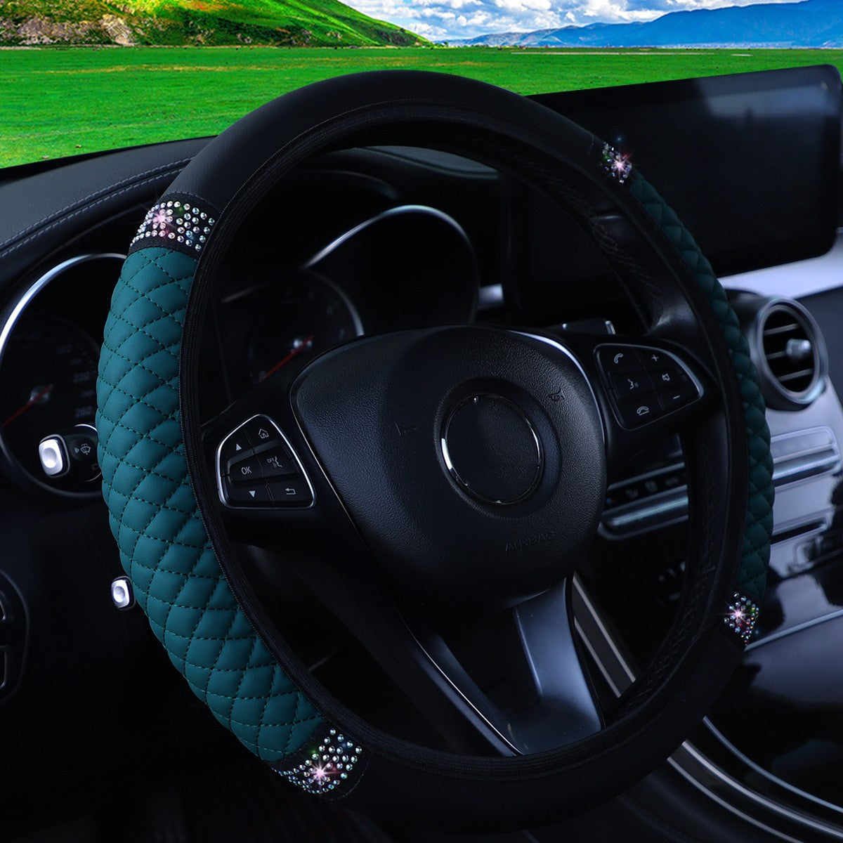 Four Seasons Universal Car Steering Wheel Cover 37-38cm Leather Embroidered Color Diamond-Studded Elastic Steering Wheel Cover