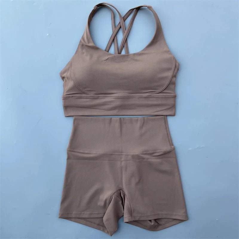 Solid Color gym bike Yoga Set short Legging +cross sport bra Tracksuit  Athletic Women Gym Suit Comprehensive Training Jogging