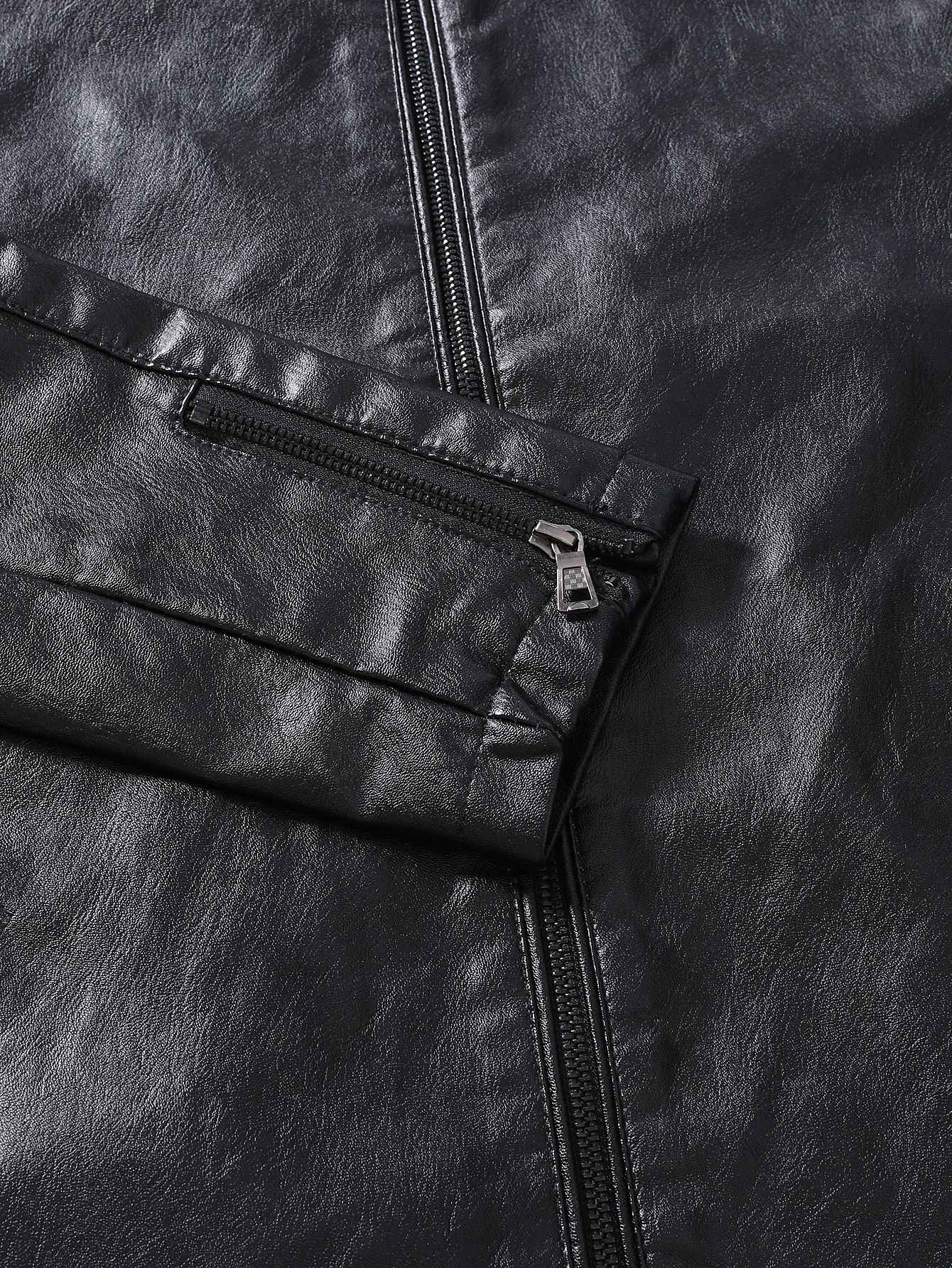 2024 Spring New Men's Business Casual Slim Long-sleeved Pu Leather Jacket Jacket Side Seam Pocket Zipper Solid Color