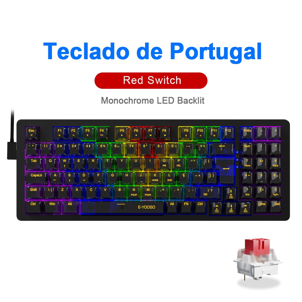 Teclado Mecânico Gamer E-YOOSO Z94 USB com Fio LED Monocromático Retroiluminado Switch Azul Vermelho 94 Teclas para Computador Laptop PC