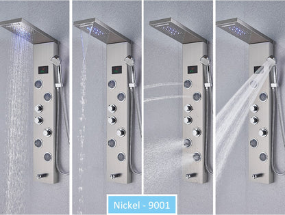 Sistema de Torre de Painel de Chuveiro de LED Coluna de Chuveiro de Cascata de Chuva com Tela LCD de Hidroeletricidade com Torneira de Chuveiro de Spa de Corpo com Massagem